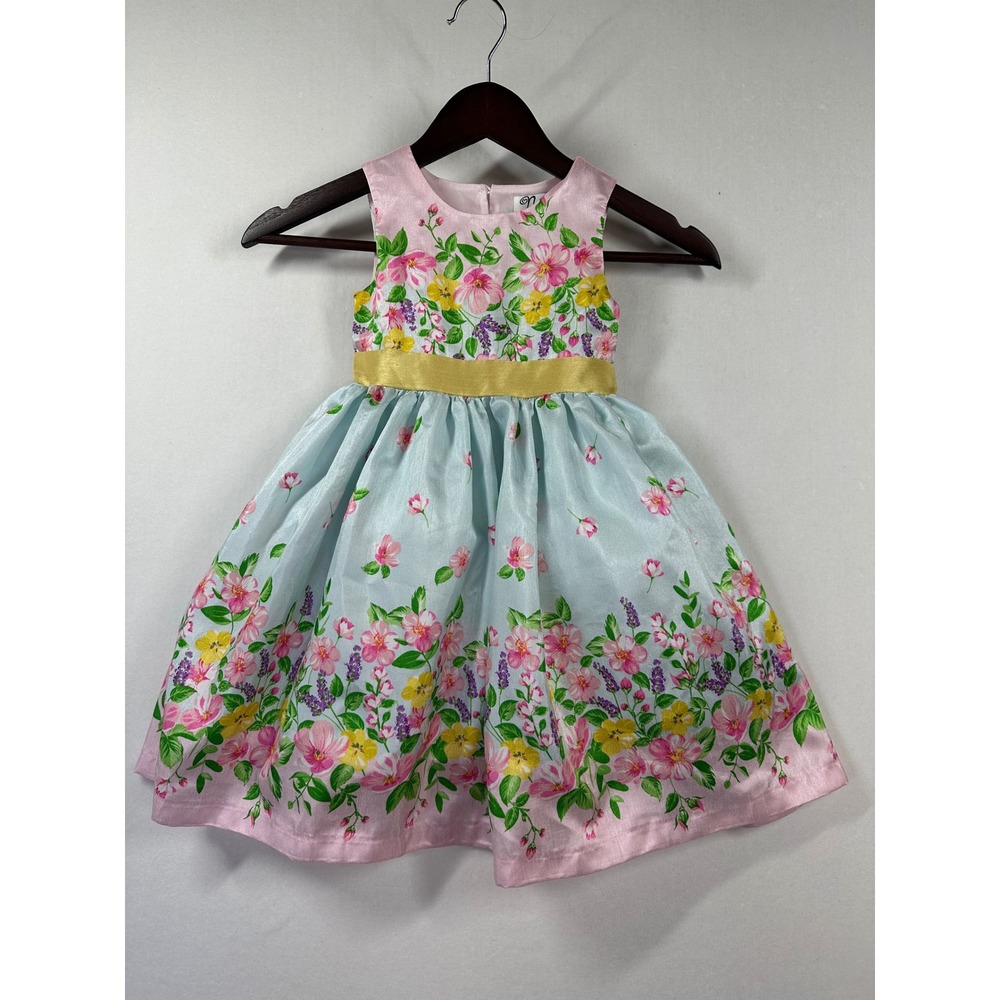 Nanette Floral Dress Girls 2T Blue Pink Heart Cutout Taffeta‎ Flower Girl Easter